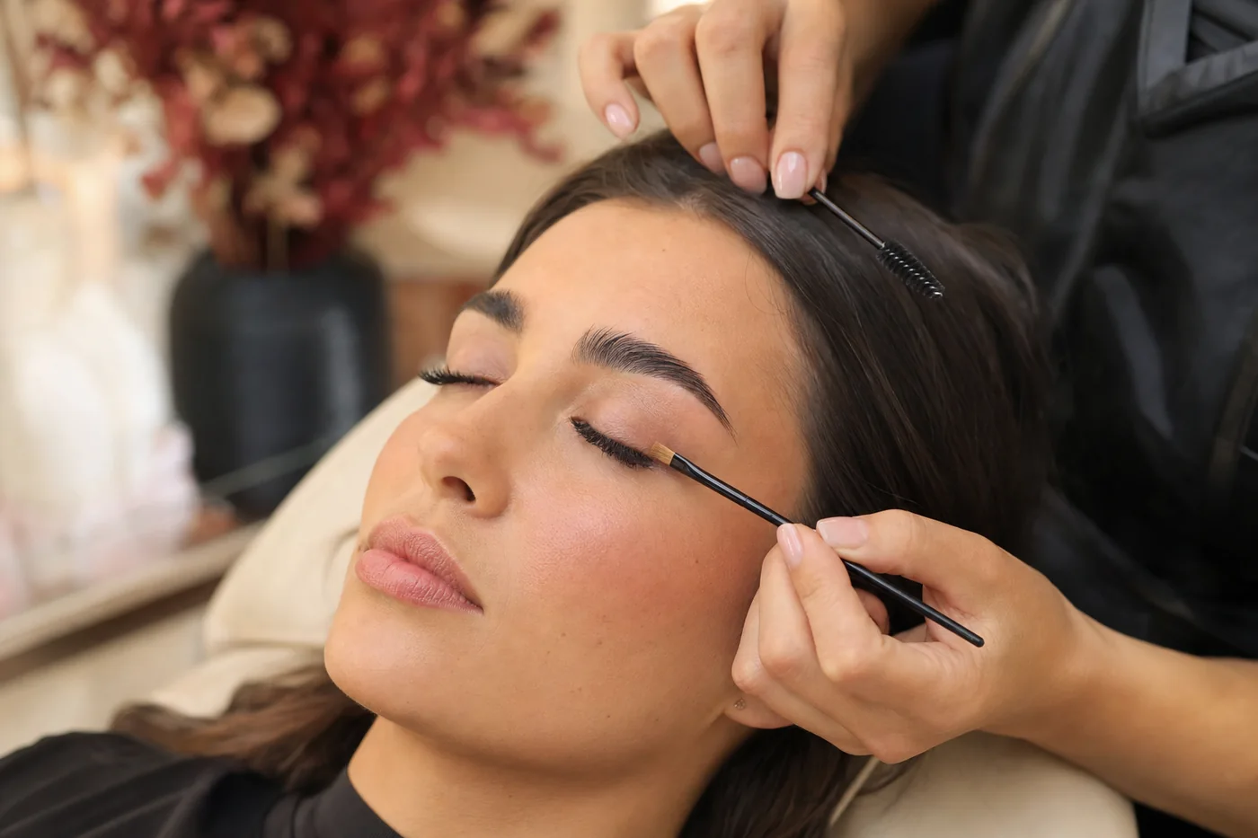 Kirpik ve kaş bakımı için sakin salon atmosferi